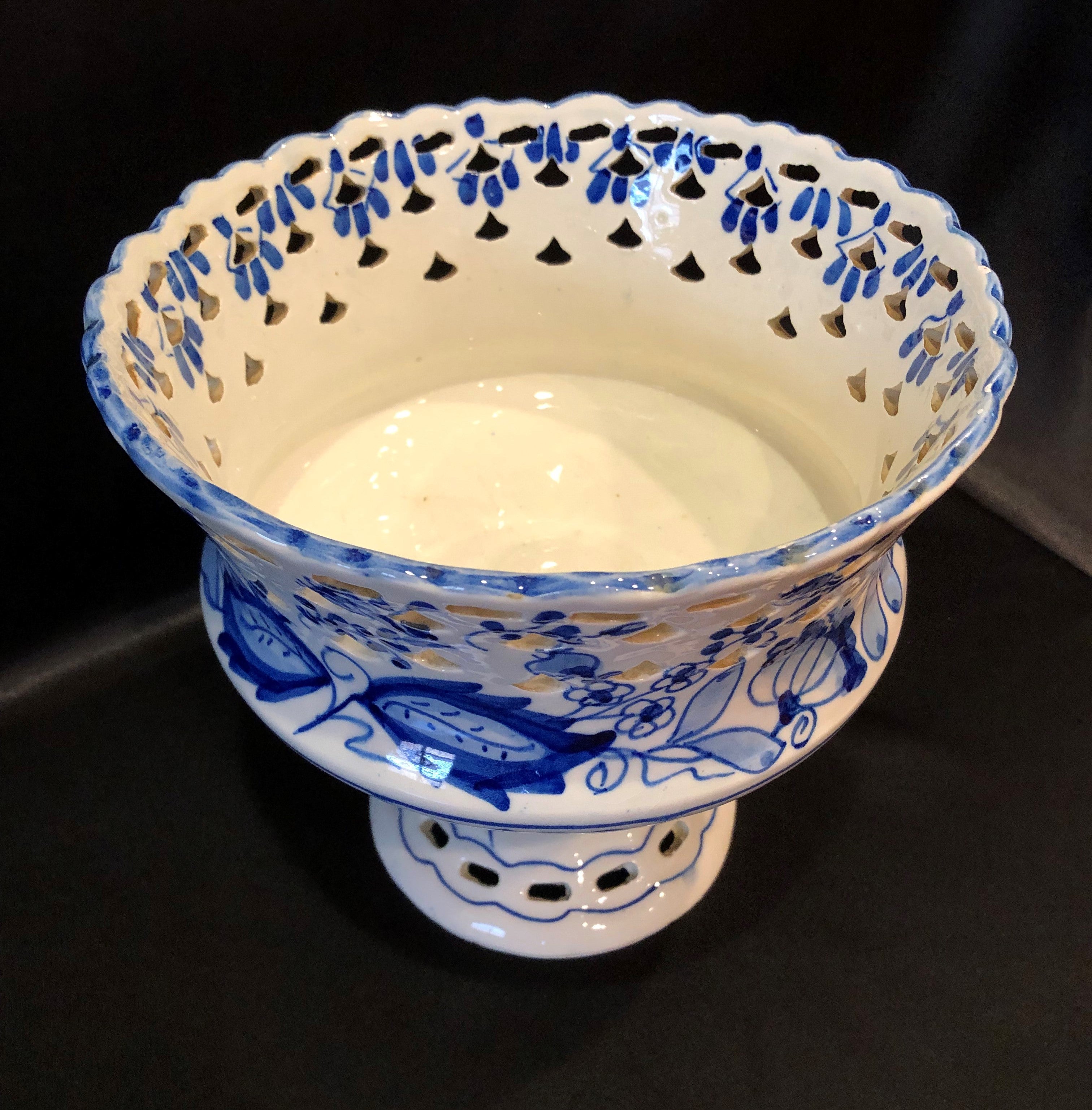 Large Pierced Centerpiece Compote Bowl on Pedestal - Made in Spain