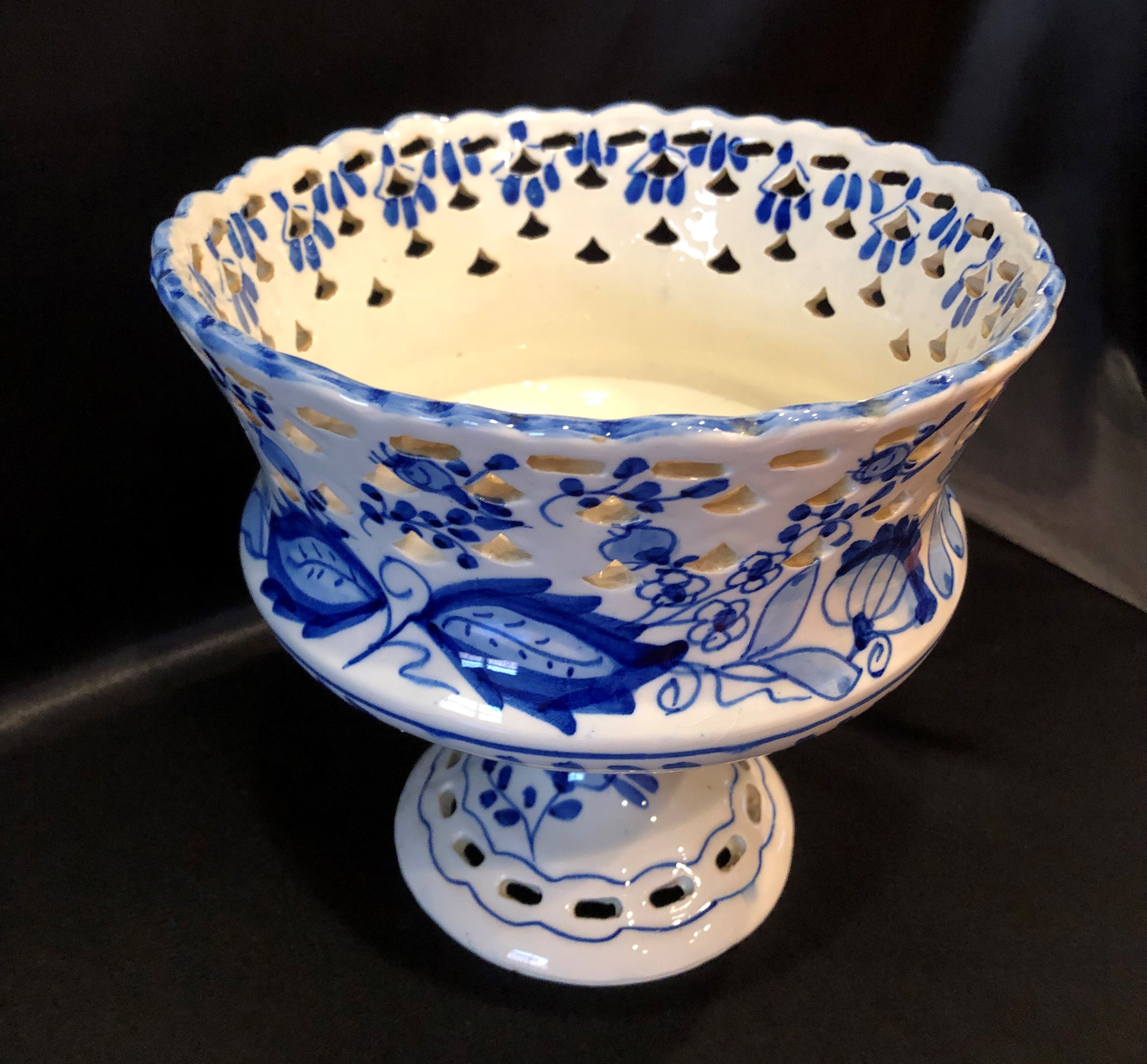 Large Pierced Centerpiece Compote Bowl on Pedestal - Made in Spain